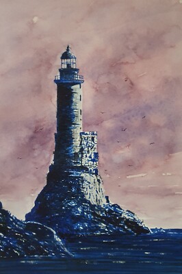 Bild- Aquarell-Picture-Ink-Tinte -Original - Lighthouse-Leuchtturm -25 X 17 cm 