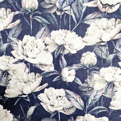 Baumwoll Canvas Stoff - weiße Pfingstrose Blumen auf dunkelblau - Bastelstoff Material