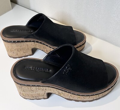 Karl Lagerfeld Women s Clarina Black Leather Platform 9.5 Chain Cork Sandal