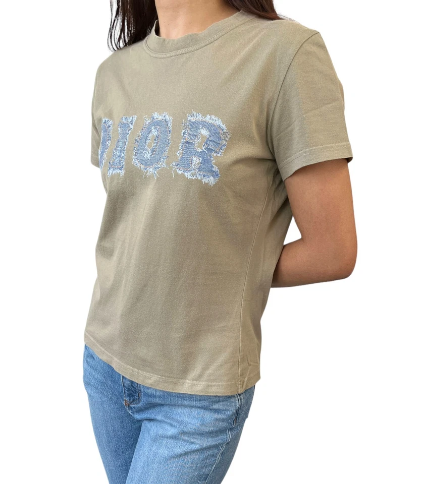 Camiseta Top Christian Dior Vintage 2003 Logo #38 Algodón Caqui Azul Manga Corta Foto 2 de 4