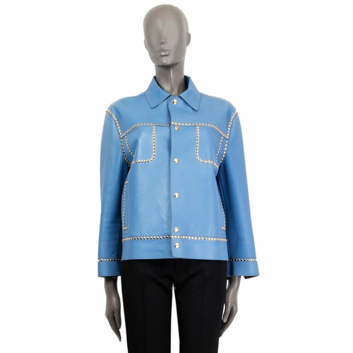 62810 auth MARNI sky blue leather STUDDED Jacket M - Picture 2 of 6