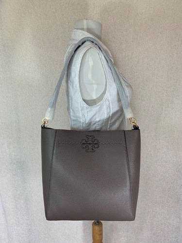 NEW Tory Burch McGraw Silver Maple Taupe Leather Bucket Tote/Shoulder Bag - Picture 2 of 18