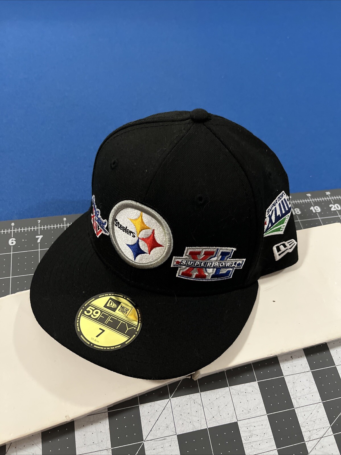 New Era 59Fifty Steelers 6x Super Bowl Champions Fitted Hat - Size 7 Black Logos