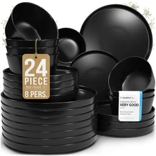 Stoneware dinnerware set 8 persons 24 pcs – Ultra chic matte black plates and...
