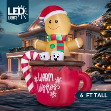 6FT Christmas Inflatable Gingerbread Man in Cocoa Mug w LED Lights Outdoor Decor