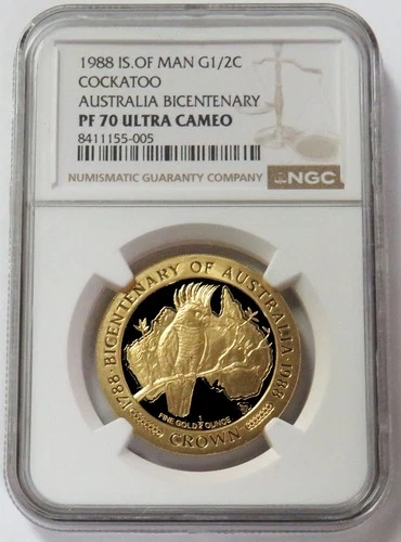 1988 GOLD ISLE OF MAN 1/2 CROWN COCKATOO AUSTRALIA BICENTENARY NGC PF 70 UC