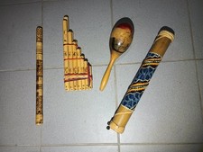 Lot Of 4 Musical Instruments Pan Pipes Zambona Rainstick Maraca Flute Shakuhachi