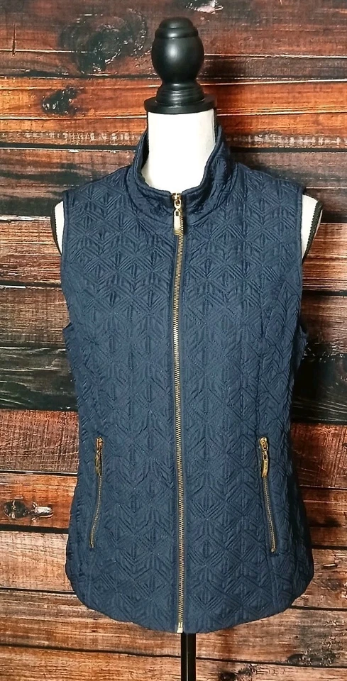 Chaleco Ellen Tracy Talla M Acolchado Azul Marino Cremallera Completa Forrado Dorado Bolsillos con Cremallera  Foto 3 de 4