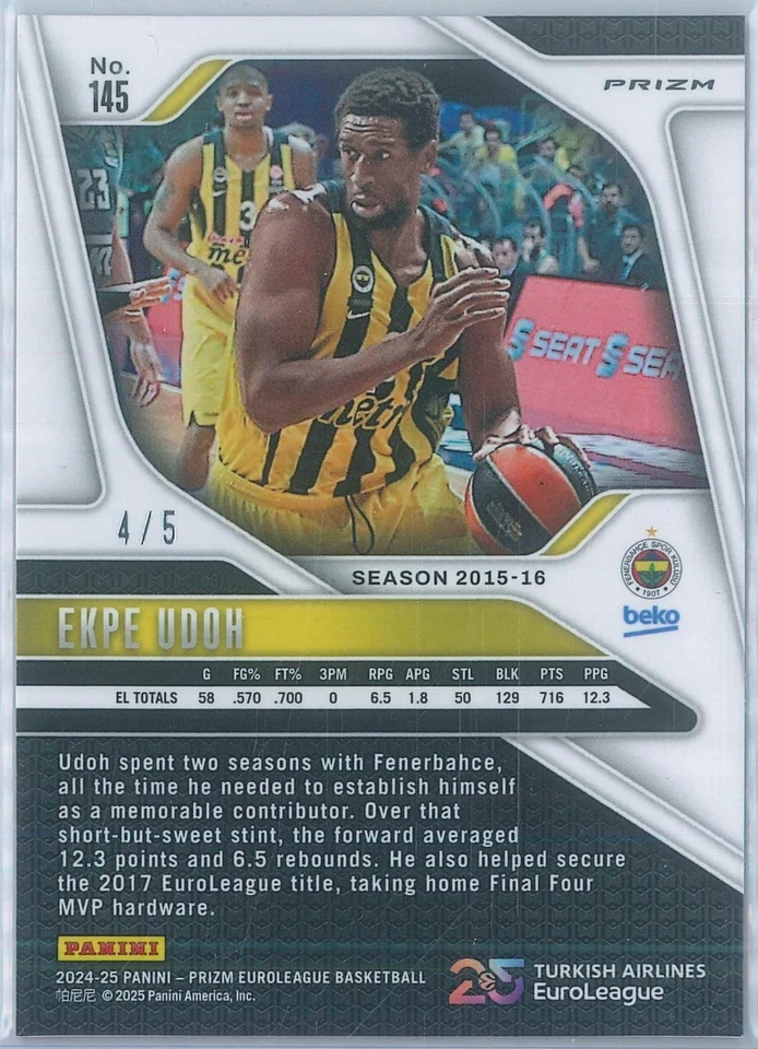 2024-25 Panini Prizm Euroleague Basketball Ekpe Udoh Black Gold 4/5 #145 - Image 3 of 3