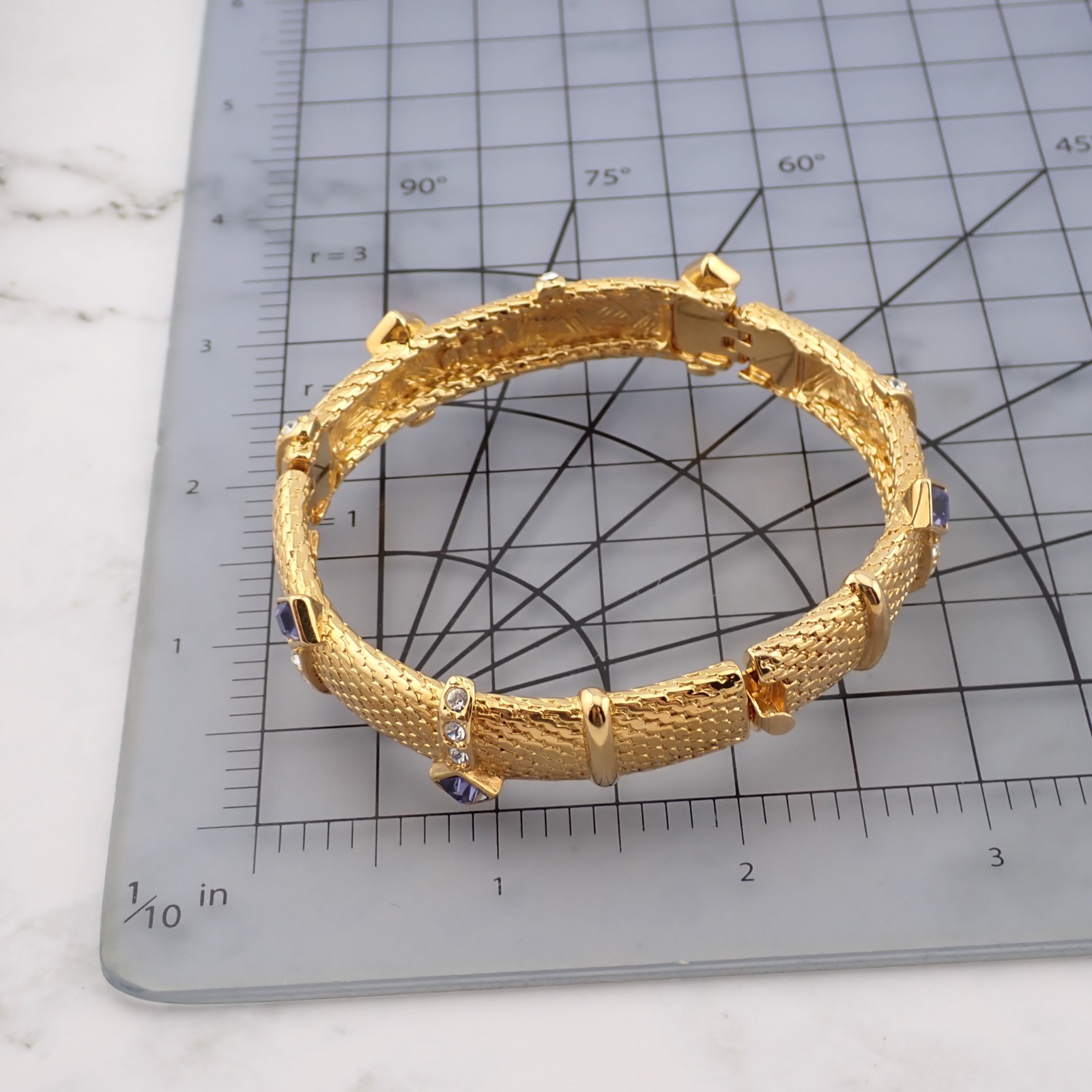 Vintage JBK Camrose & Kross Purple Crystal Gold Tone Mesh 7 3/4" Bangle Bracelet