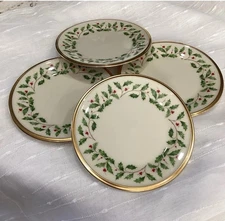 4 Lenox Bone China  Holiday Holly & Berry Bread & Butter Plate Gold Trim Vtg
