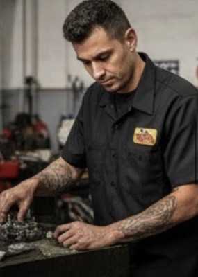 VON DUTCH HOTROD RATROD PATCHED RED KAP MECHANIC PINSTRIPER SPEEDSHOP WORKSHIRT 