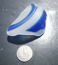 Sea Glass, Unique Large Thick Clear with a Cut Cobalt Blue Pattern One of a Kind