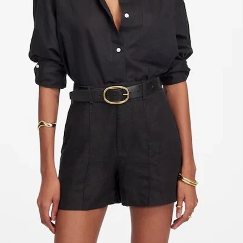 Madewell Pintucked Shorts 100% Linen Black Size 8 NWT