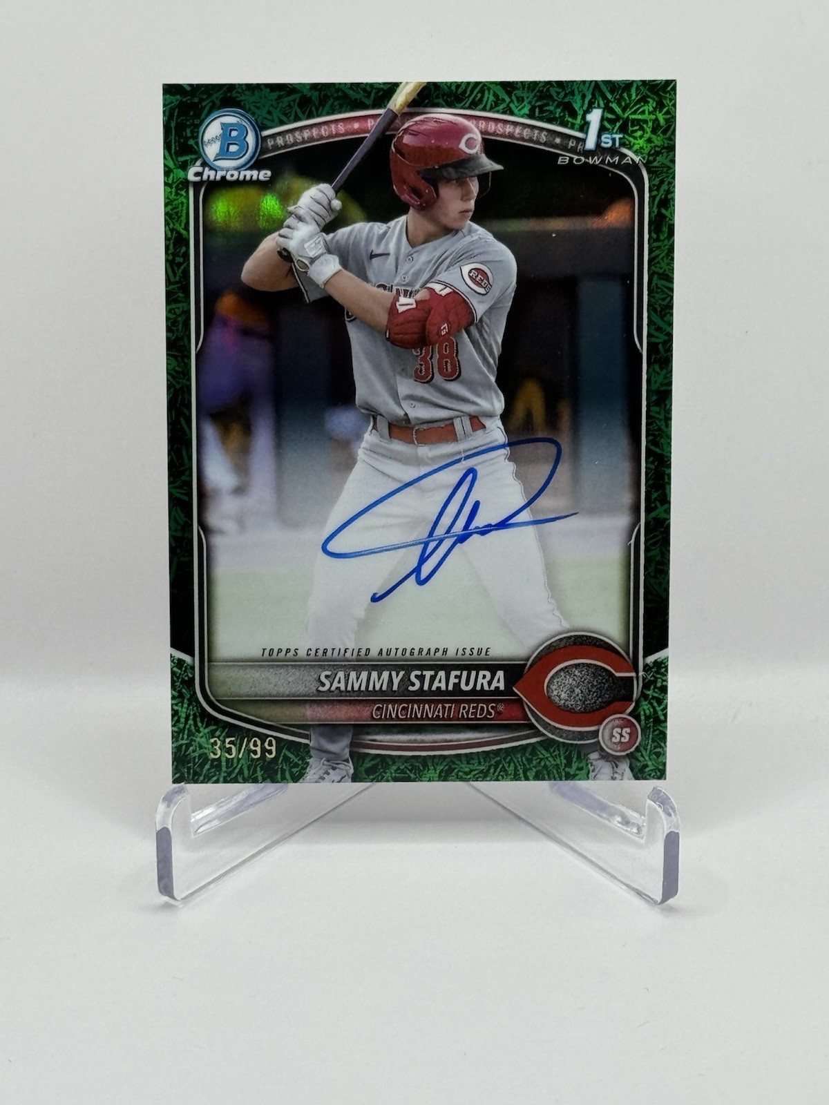 2025 Bowman Chrome SAMMY STAFURA Reds Green Grass Refractor 1st Auto 35/99