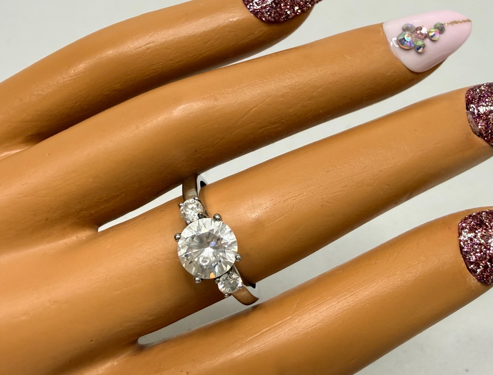 Vintage Statement Ring Three Stone Silver Tone CZ… - image 2