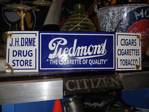 LARGE PIEDMONT DRUG CIGAR STORE DEALER PORCELAIN SIGN TOBACCO PIPE GAS INDIAN