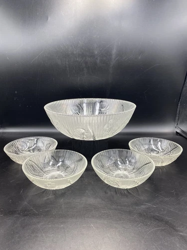 5 PC JEANETTE GLASS IRIS & HERRINGBONE BEADED EDGE BERRY SET