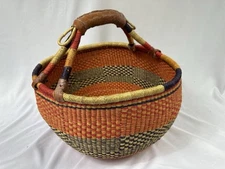African Bolga Market Basket Hand Colored Bamboo Woven With Leather Handle 15”H