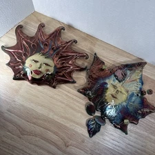 Leaf & Sun Face Mythical Clay Art Wall Sculpture Metallic Glaze Copper Color