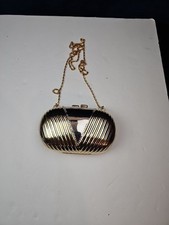 Vintage Hard Shell Clutch Scroll Evening Bag Purse Chain Strap Gold Tone Metal