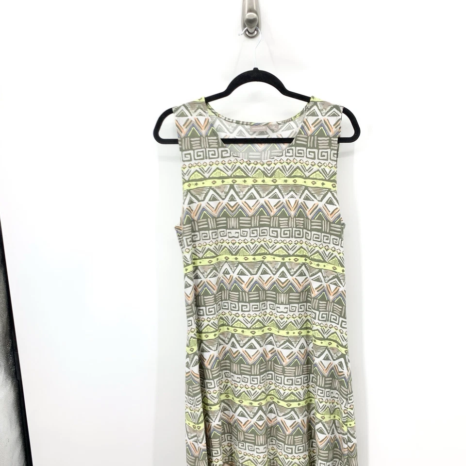 Chicos Women Size 2 Large 12 14 Dress Tank Long Midi Green Pink Aztec Striped - Image 2 of 4