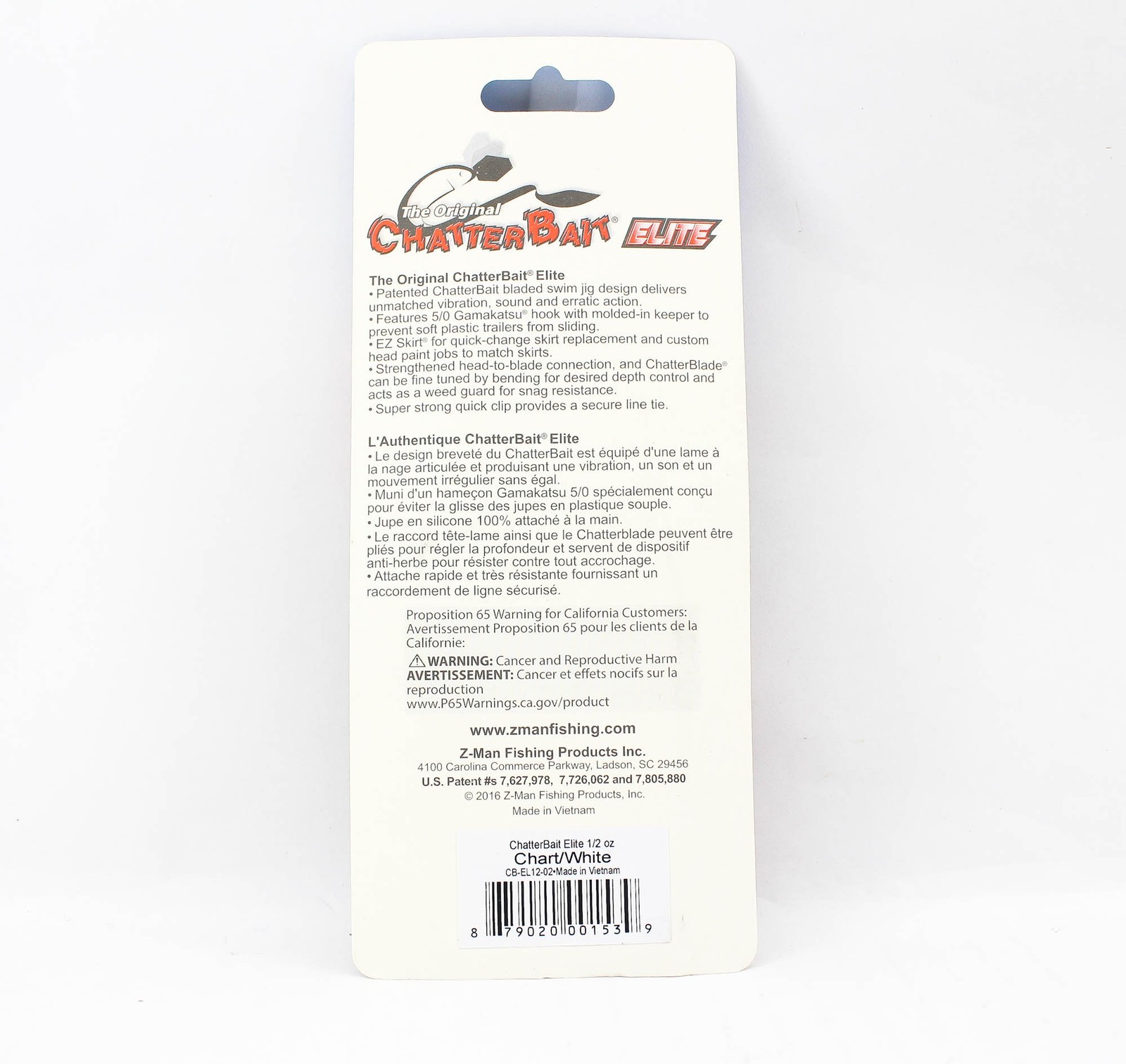 Zman Chatterbait Elite 1/2 oz Sinking Lure Chart White (1539) - Image 2