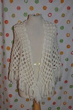Vintage 1970's White CROCHET Fringed CAPE long SHAWL boho HIPPIE SWING