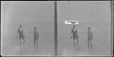 Schwimmen, Meer, Strand, Stereoskopie alte Glasplatte, Negativ 9x18 cm