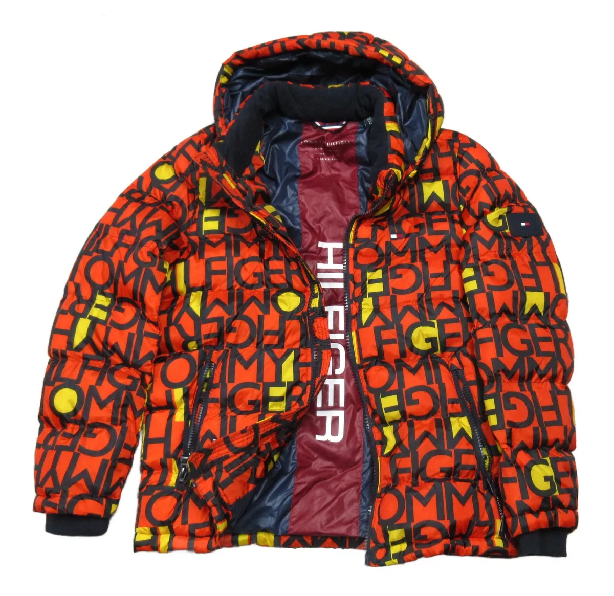 Hilfiger Men&#039;s Orange All Over Logo Quilted Puffer Hooded Jacket $225 eBay