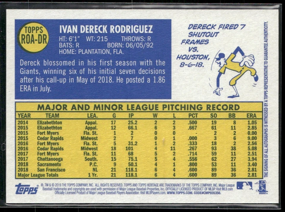 Dereck Rodriguez 2019 Topps Heritage Real One Auto - Image 2 of 2