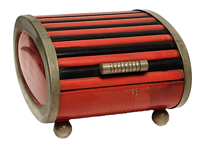 Park Sherman 1930 Deco Steel Chrome Roll Top Cigarette Box Red & Black  Bakelite