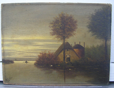 Antique Oil Painting Art Dutch Landscape Windmill Netherlands Lowlands Signed