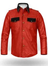 Luxury New Men's Red Genuine Lambskin Leather Shirt Slim Fit Custom Made Shirt