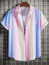 Button Up Short Sleeve Shirt Rainbow stripes abstract pattern Casual Shirt