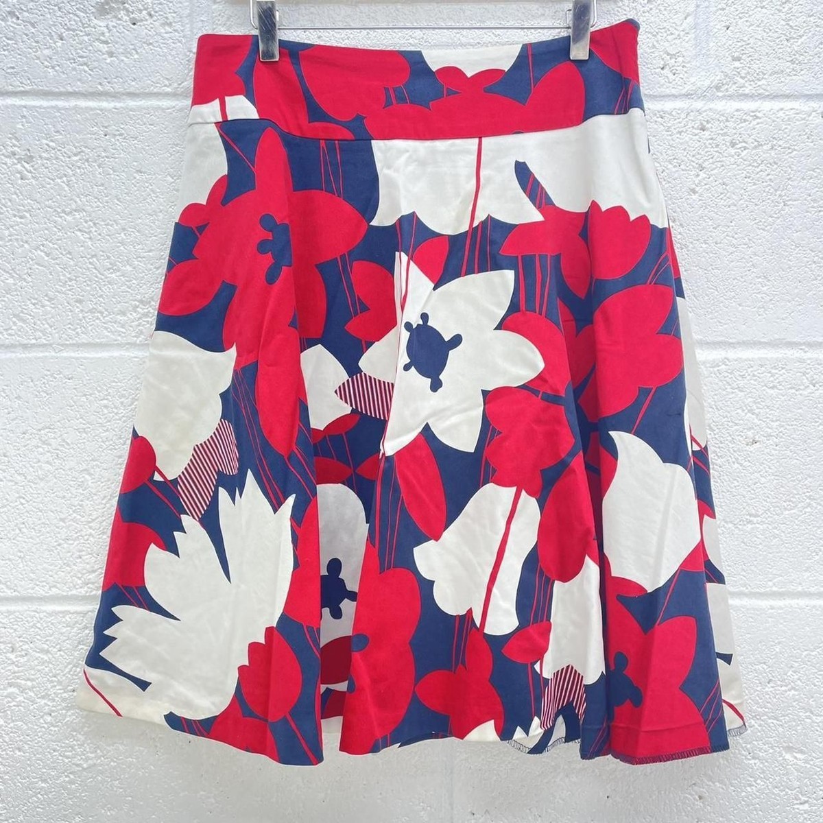 OASIS NAVY RED FLORAL MIDI SKIRT WOVEN COTTON ALINE WHITE LINE Y2K UK 12