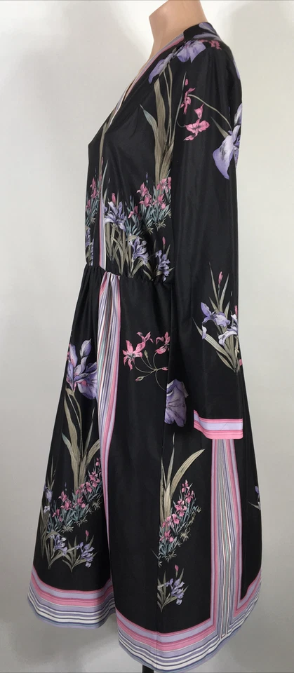 复古 UNION 60 年代 70 年代 MOD 长袖衬衫长衫黑色花卉连衣裙 14 — 第 4/4 张图片