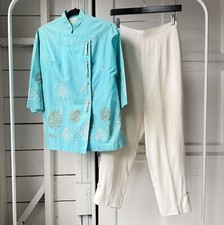 Vintage 60s Peggy Wood Honolulu Blue White Floral Hawaiian Shirt Pants Set XS