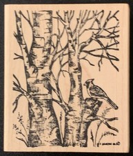Northwoods Bare Winter Trees With Cardinal Rubber Stamp