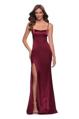 La Femme Burgundy Side Slit Stretch Satin Gown Size 16 Orig $388