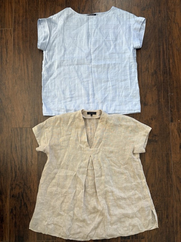 2 Lafayette 148 NY Linen Blouse Size P Tan And Blue