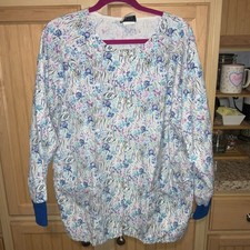 Women  s flower print long sleeve scrub jacket preowned size MEDIUM