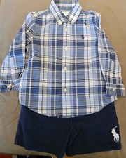 Ralph Lauren Blue Plaid Long Sleeve Button Down Shirt  Navy Shorts Boys 24 Mo