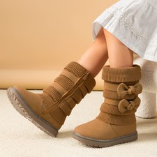 Girls Kids Winter Snow Boots Faux Fur Lined Bow-knot Warm Mid Calf Boots