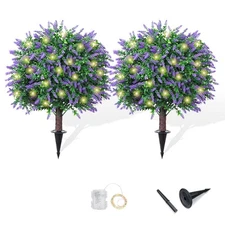 2 Pack 17.3 Artificial Lavender Topiary Trees with LED Lights Battery Operate...