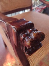 Antique Wooden Armchair Hand Carved Lions Head Arms Upholstered Recently Htf