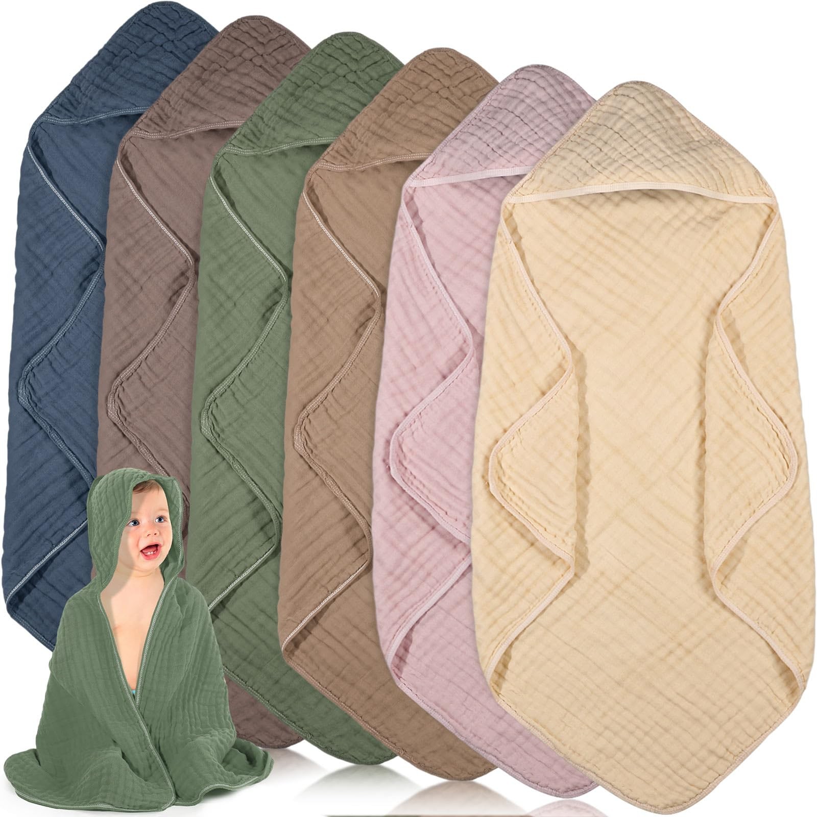 Peryiter 6 Pcs Muslin Hooded Baby Towels, 32"x 32" Cotton Newborn Bath Towel ...