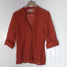 Rebecca Malone Orange Red Lace Cardigan Top Medium Sheer Crochet Knit Blouse