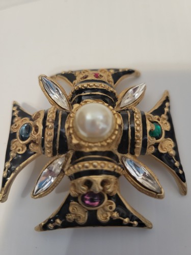 Vintage Couture Gripoix Glass Moghul Black Enamel Maltese Cross Pendant / Brooch - Bild 4 von 11