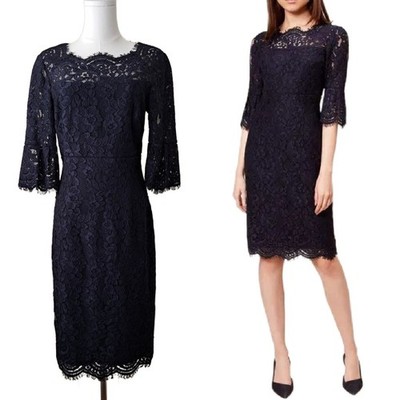 HOBBS London Navy Lace Vanessa Sheath Dress Size 6 Bell Sleeve Classic Party